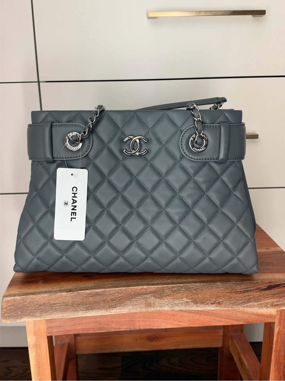 CHANEL Gray Quilted Leather Small Shoulder Bag w/ Chain Strap, Zip, NWT